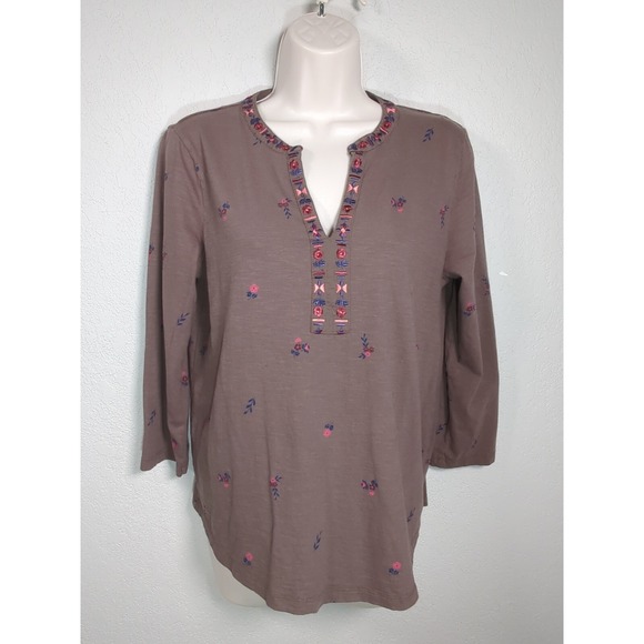 St. John's Bay Tops - St John's Bay Women's Olive Green Knit Top Embroidered Flowers 3/4 Sleeve Size M